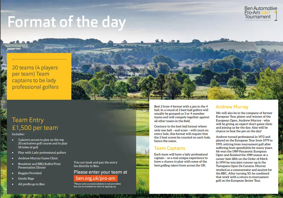 Ben Automotive Pro-Am 2021 flyer: "Format of the day", 20 teams, £1,500 team entry, over a golf course landscape.